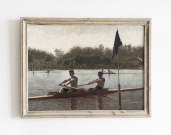 Vintage Ruder Kunstdruck, Landschaft See Szene Malerei, herunterladbare Wandkunst