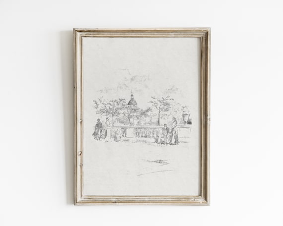Vintage Terrace Garden Sketch Art Print: Antique Architecture (Digital Download)