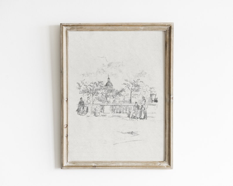 May include: A black and white pencil drawing of a city scene with a church in the background and people walking in the foreground.
