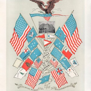 May include: A vintage illustration of various American flags, including the "Flag of the Union", "Bunker Hill Flag", "Liberty Flag", and "Liberty or Death Flag". The flags are arranged in a circular pattern around a central image of a building. The illustration is titled "The Flags of the Union" and includes the text "One Flag, One Cause, One Country" and "United We Stand, Divided We Fall".