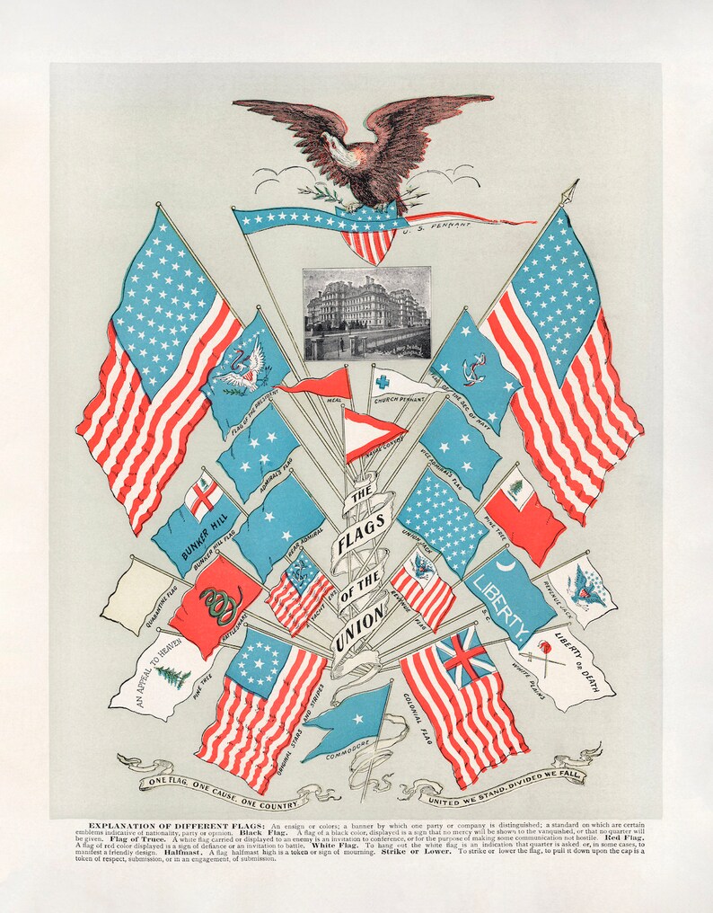 May include: A vintage illustration of various American flags, including the "Flag of the Union", "Bunker Hill Flag", "Liberty Flag", and "Liberty or Death Flag". The flags are arranged in a circular pattern around a central image of a building. The illustration is titled "The Flags of the Union" and includes the text "One Flag, One Cause, One Country" and "United We Stand, Divided We Fall".