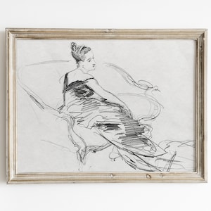 Vintage Woman Line Drawing: Minimalist Portrait Art Print (Digital Download)