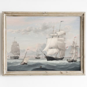Vintage Nautical Ship Painting Download | Stormy Sea Tall Ships Wall Art | Antique Sailing Vessel Printable Ocean Decor | Beach House Art