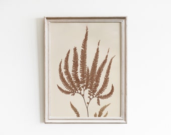 Vintage botanical print, pressed flower fern art print, fern print digital download, antique neutral wall art for farmhouse botanical decor