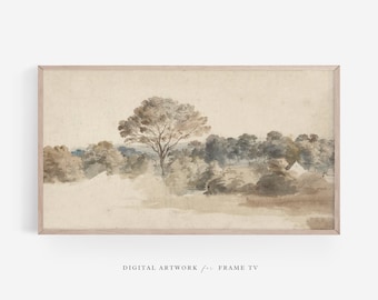 May include: A watercolor painting of a landscape with a large tree in the center and a row of trees in the background. The painting is done in shades of brown, gray, and white.