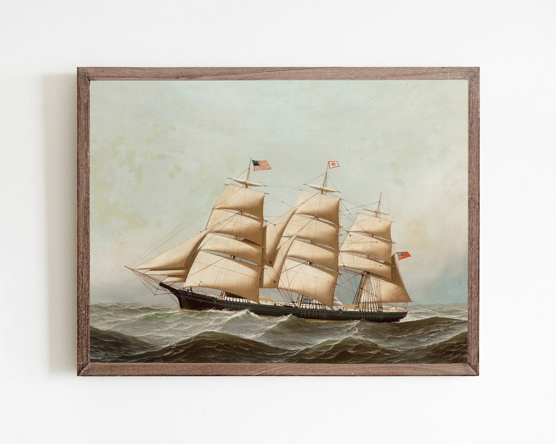 Vintage Ship Painting, Nautical Boat Art Print, Antique Sailing Print