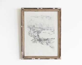 Peut inclure: Un dessin au crayon noir et blanc encadré d'un paysage urbain avec une rivière et un pont. Le dessin est dans un style simple et minimaliste.