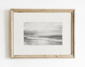 Vintage Seascape Sketch Art Print: Coastal Beach Scene (Digital Download)