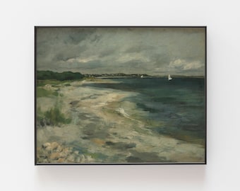 Malarstwo przedstawiające zabytkowy pejzaż morski: Sztuka wybrzeża Stormy Beach (pobranie cyfrowe)