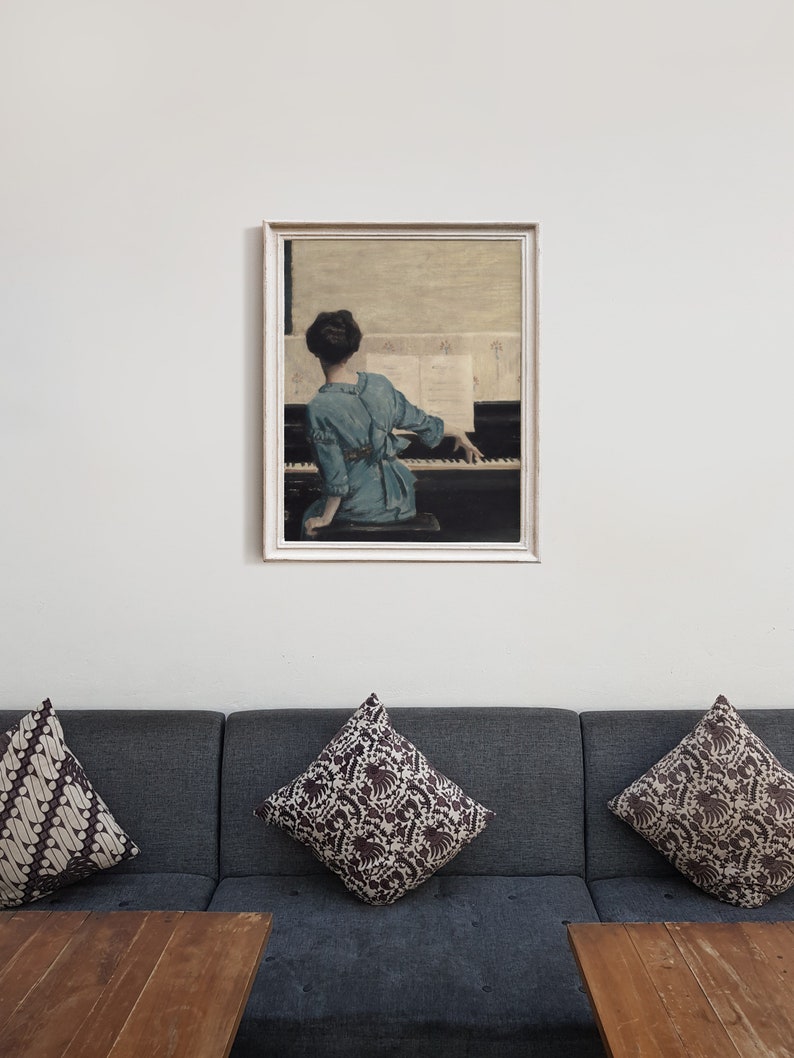 Antique Woman Portrait Oil Painting, Vintage Piano Music Wall Art Print ...