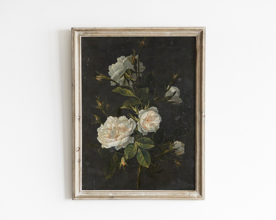 Antique White Roses Oil Painting: Vintage Botanical Still Life (digital ...