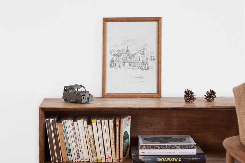 May include: A wooden shelf with a framed black and white drawing of a city scene, a small toy car, and two pine cones. The shelf is filled with books, including "WOODCUT" and "DATA FLOW 2".
