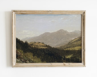 Vintage Mountain Landscape Painting: Rustic Farmhouse Scenery Print (Digital Download)