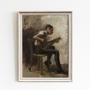 Vintage guitar art, neutral wall art, Man portrait painting, vintage portrait art print, portrait oil painting, antique printable wall art