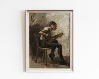 Vintage guitar art, neutral wall art, Man portrait painting, vintage portrait art print, portrait oil painting, antique printable wall art