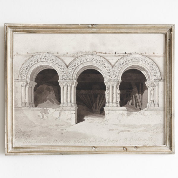 Vintage architecture wall art, Arches architecture painting, Minimalist wall art, antique architecture drawing, neutral gallery wall art