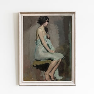 May include: A painting of a woman sitting on a stool, wearing a light blue robe. The woman has dark hair and is looking to the side. The painting is done in a realistic style and has a muted color palette.