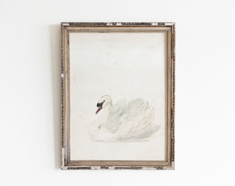May include: A framed watercolor painting of a white swan with a black head and red beak. The swan is depicted in a resting position with its wings spread out.