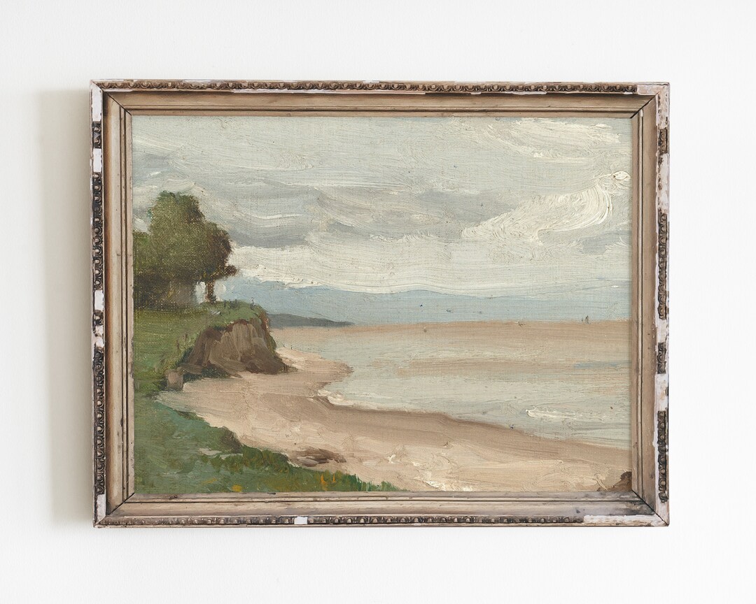 Vintage Beach Painting for Coastal Decor, Antique Landscape Print