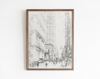 Puede incluir: Un boceto a lápiz en blanco y negro de una escena de calle de la ciudad con edificios altos y personas caminando. Los edificios están dibujados con detalle, con ventanas y puertas visibles. Las personas están dibujadas en un estilo más simplificado, pero su movimiento está bien capturado.