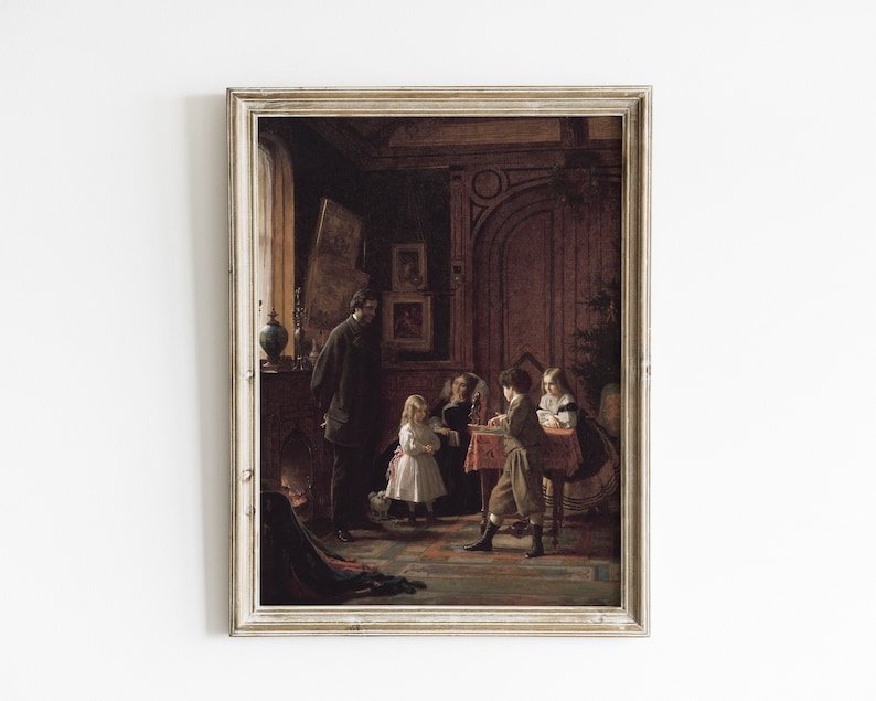 May include: A vintage oil painting depicting a group of children gathered around a table in a dimly lit room. The children are dressed in Victorian-era clothing and appear to be engaged in a game or activity. A man in a dark suit stands in the background, observing the scene.