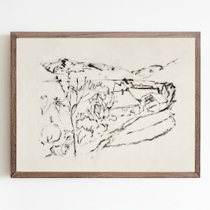 Vintage Farmhouse Sketch Art Print: Minimalist Landscape (Digital Download)
