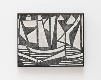 Vintage Sailboats Linocut Print: Abstract Beach Decor (Digital Download)