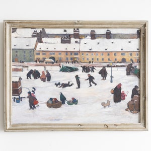Vintage Winter Village Painting: Antique Christmas Sledding Art (Digital Download)