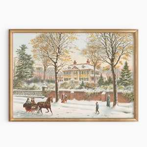 Christmas village painting, vintage Christmas prints, holiday village art retro Christmas wall art, antique holiday art, winter landscape