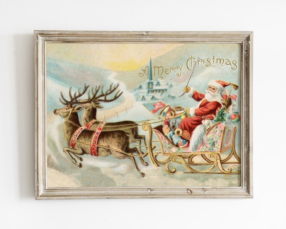 ヴィンテージXmasサンタクロースとトナカイのソリ ソリに乗った