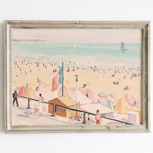 Arte de pared vintage de casa de playa en tonos pastel, pintura de acuarela oceánica, impresión de playa bohemia, paisaje vintage abstracto, arte de playa imprimible