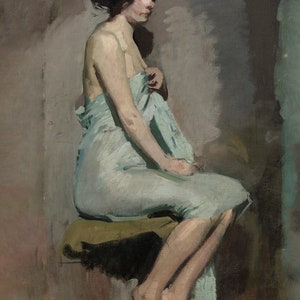 May include: A woman sits on a stool, draped in a light blue fabric. Her dark hair is pulled back and she is looking to the side. The background is a muted brown and gray.