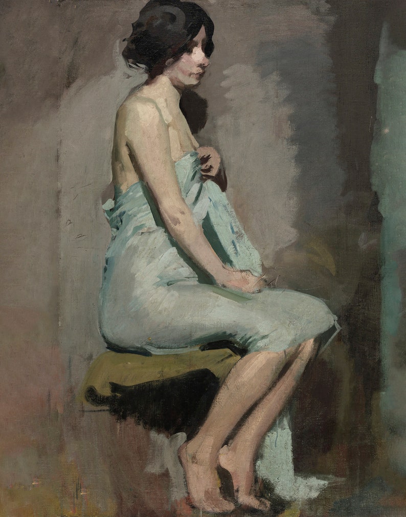 May include: A woman sits on a stool, draped in a light blue fabric. Her dark hair is pulled back and she is looking to the side. The background is a muted brown and gray.
