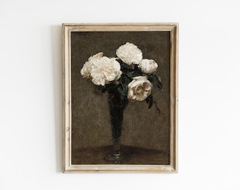 ヴィンテージローズ油絵プリント：ムーディーな花の静物画（デジタルダウンロード）