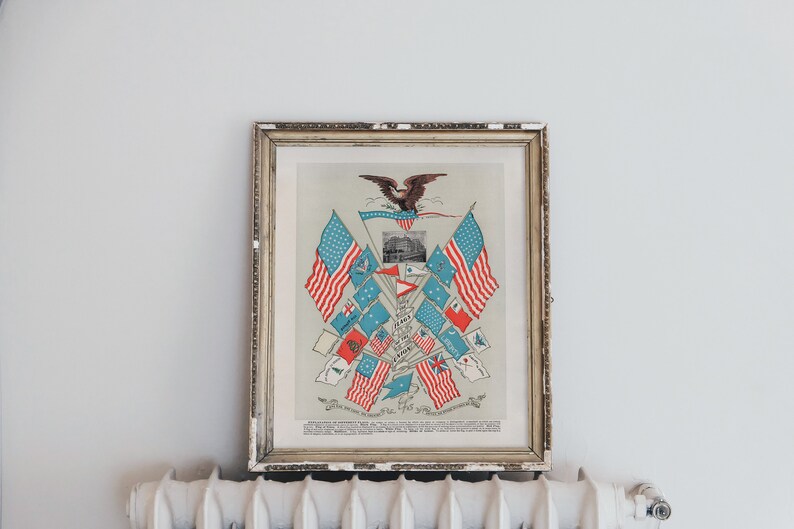 May include: A framed vintage print of an American eagle with a collection of flags surrounding it. The flags are red, white, and blue and include the American flag, the Confederate flag, and other historical flags. The print is in a silver frame and is hanging on a white wall.