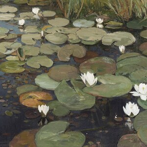 May include: A painting of a pond with white water lilies and green lily pads. The water is a dark blue color and the lily pads are a variety of shades of green.
