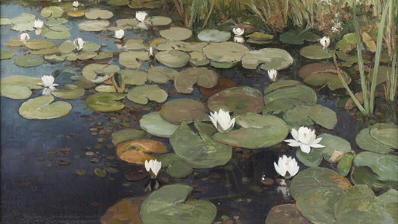 May include: A painting of a pond with white water lilies and green lily pads. The water is a dark blue color and the lily pads are a variety of shades of green.