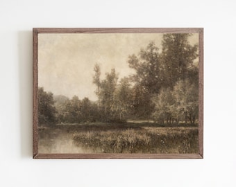 Vintage Woodland Landscape Printable Wall Art, Moody Painting, Neutral Nature Decor Digital Download