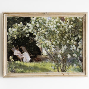Vintage Rose Garden Painting: Woman Reading, Antique Art (Digital Download)