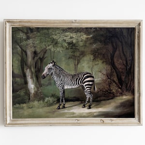 Zebra print, moody landscape painting, jungle art print, green wall art, antique wall art, zebra painting, vintage print, traditional decor