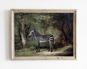 May include: A vintage oil painting in a wooden frame depicts a zebra standing in a forest clearing. The zebra is black and white with a striped pattern. The background is a lush green forest with trees and foliage.