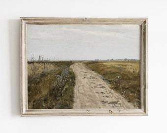 Peinture vintage route de campagne : paysage de prairie d'été rustique (téléchargement numérique