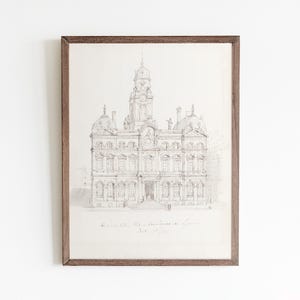 Vintage French City Hall Architectural Sketch: Antique Line Art (Digital Download)