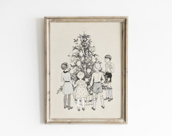 Vintage Christmas tree art, Retro Christmas print, Christmas sketch art, antique holiday wall art, festive holiday art print, tree prints