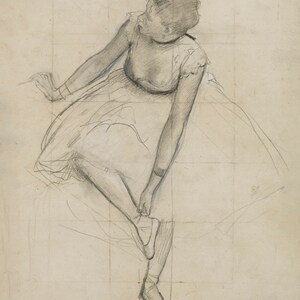 May include: A pencil sketch of a ballerina in a flowing dress, adjusting her pointe shoe. The drawing is done in shades of gray on a white background.