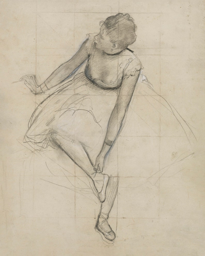 May include: A pencil sketch of a ballerina in a flowing dress, adjusting her pointe shoe. The drawing is done in shades of gray on a white background.