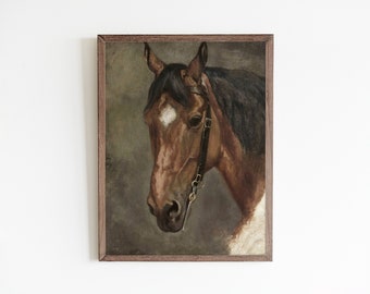 Vintage Horse Portrait Print, Equestrian Wall Art, Antique Horse Painting, Moody Farmhouse (Digital Download)