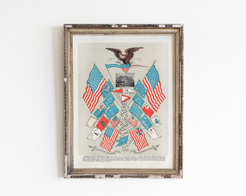 May include: A framed vintage print of a patriotic illustration featuring an eagle with outstretched wings above a collection of American flags. The flags are arranged in a starburst pattern with the text "FLAGS OF THE UNION" at the center. The print is titled "DECLARATION OF INDEPENDENCE, JULY 4, 1776."