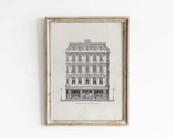 May include: Black and white line drawing of a Parisian building with a storefront. The building has five stories and a mansard roof. The storefront has a sign that reads "W. Jouillier & Co."