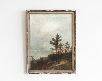 Vintage Coastal Landscape Painting: Antique Pine Tree Art (Digital Download)